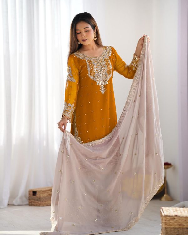 SR 1676 Mustard Heavy Faux Georgette With Heavy Embroidery Perfect for Wedding, Party, Ethnic Day, Reception, Diwali 4-6 Working Days At 2049/- Only | Jump Suits, Salwar suit, Casual Suits, Creative suits, Designer Suits, Palazzo Suits, Party Wear Suits, Patiala Suits, Straight Suits