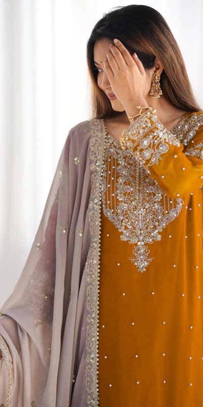 SR 1676 Mustard Heavy Faux Georgette With Heavy Embroidery Perfect for Wedding, Party, Ethnic Day, Reception, Diwali 4-6 Working Days At 2049/- Only | Jump Suits, Salwar suit, Casual Suits, Creative suits, Designer Suits, Palazzo Suits, Party Wear Suits, Patiala Suits, Straight Suits