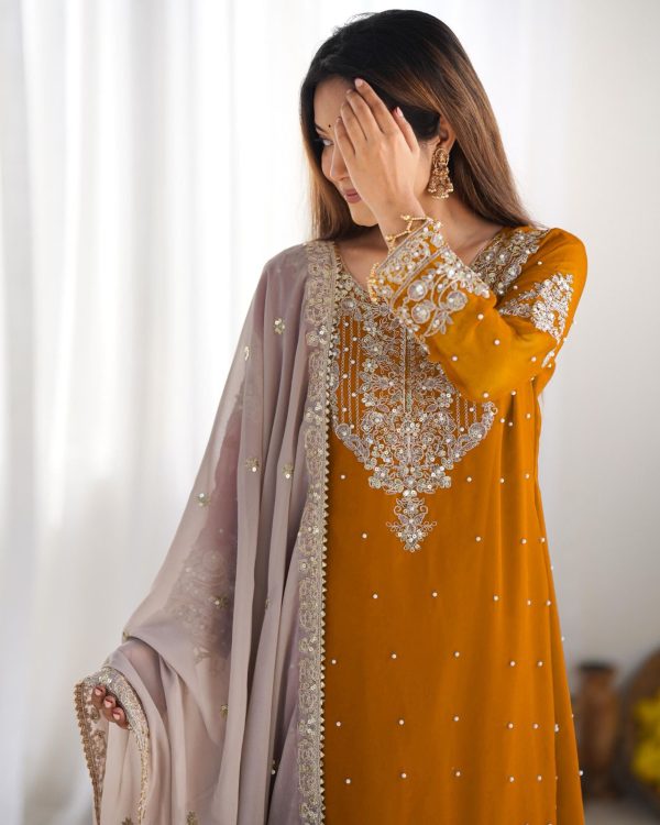 SR 1676 Mustard Heavy Faux Georgette With Heavy Embroidery Perfect for Wedding, Party, Ethnic Day, Reception, Diwali 4-6 Working Days At 2049/- Only | Jump Suits, Salwar suit, Casual Suits, Creative suits, Designer Suits, Palazzo Suits, Party Wear Suits, Patiala Suits, Straight Suits