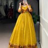 YNF 5034 Mustard Polyester Viscose Chanderi Zari Work & Lace Work Gown in . Affordable Price ₹1799. Delivery 4-6 Working Days. Shop now. | Gowns, Bollywood Gowns, Creative Gowns, Designer Gowns, Embroidered Gowns, Party Wear Gowns