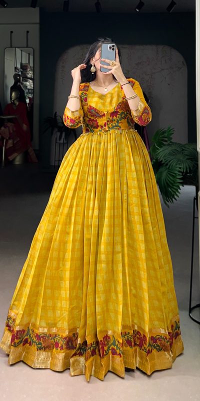 YNF 5034 Mustard Polyester Viscose Chanderi Zari Work & Lace Work Gown in . Affordable Price ₹1799. Delivery 4-6 Working Days. Shop now. | Gowns, Bollywood Gowns, Creative Gowns, Designer Gowns, Embroidered Gowns, Party Wear Gowns