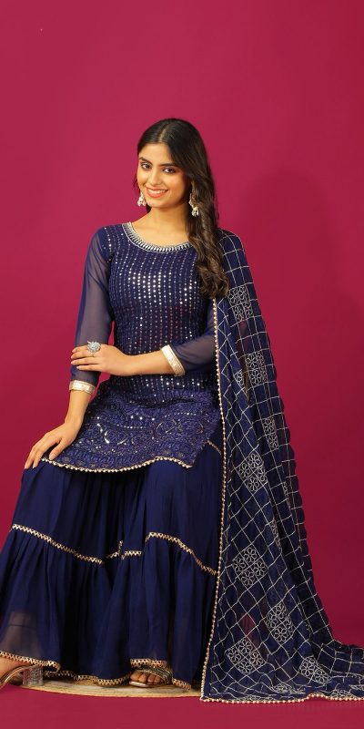 SR 1671 Navy Blue Georgette Salwar Suit Perfect for Wedding, Party, Cultural Events, Temple Visit, Lohri Now at just ₹1799. Delivery 4-6 Working Days. | Jump Suits, Tops & Bottoms, Track Suits, Salwar suit, Casual Suits, Creative suits, Designer Suits, Palazzo Suits, Party Wear Suits, Patiala Suits, Straight Suits, Trendy Wear