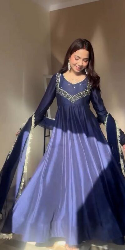 Navy Blue Star Georgette Embroidery Lace Work Gown