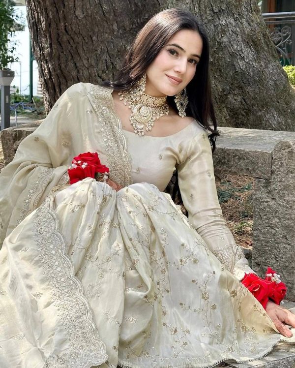 SRK 5172 Off White Chinnon Silk With Heavy Embroidery Sequence Work And Full Sleeve Salwar Suit Wedding, Party, Festive, Events, 4-6 Working Days At 2049 | Jump Suits, Tops & Bottoms, Track Suits, Salwar suit, Casual Suits, Creative suits, Designer Suits, Palazzo Suits, Party Wear Suits, Patiala Suits, Straight Suits, Trendy Wear