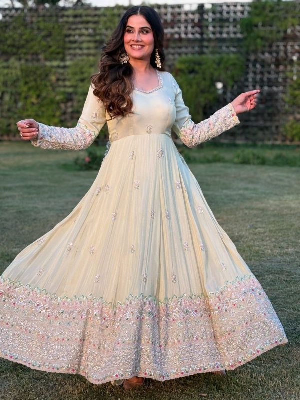 SSR 528 Off White Heavy Georgette With Heavy Embroidery Sequence Work Gown with Embroidery Work. Best Price ₹2399. Delivery 4-6 Working Days. | Gowns, Bollywood Gowns, Creative Gowns, Designer Gowns, Embroidered Gowns, Party Wear Gowns