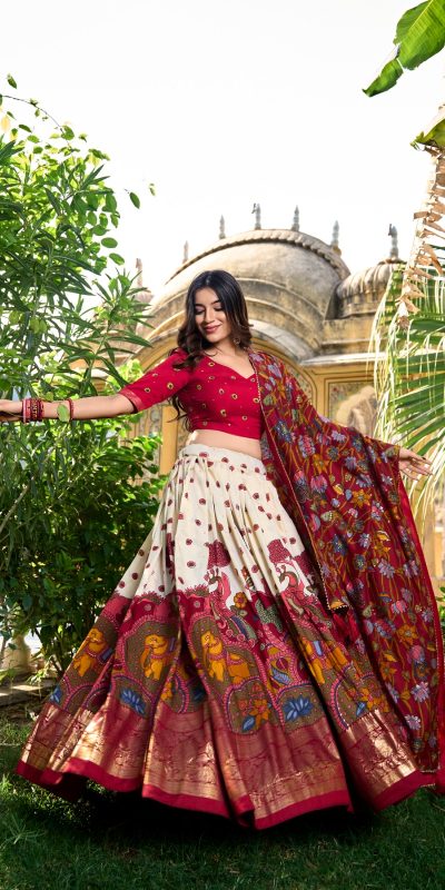 LNB 1219 Off White Tasar Silk With Gotta Patti Work & Kalamkari Print Lehenga Choli . Best Price ₹2449. Delivery 4-6 Working Days. Shop now. | Lehenga, Bollywood Lehenga, Creative Lehenga, Designer Lehenga, Embroidered Lehenga, Party Wear Lehenga