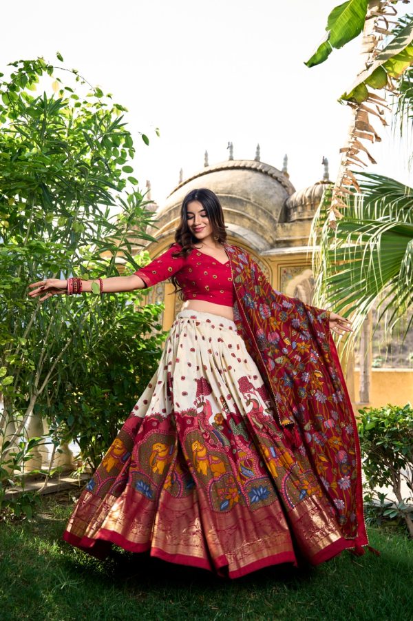 LNB 1219 Off White Tasar Silk With Gotta Patti Work & Kalamkari Print Lehenga Choli . Best Price ₹2449. Delivery 4-6 Working Days. Shop now. | Lehenga, Bollywood Lehenga, Creative Lehenga, Designer Lehenga, Embroidered Lehenga, Party Wear Lehenga