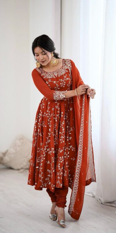 Orange Faux Georgette With Embroidery Gown