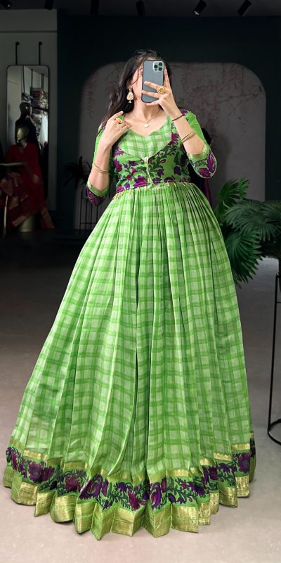 YNF 5034 Parrot Green Polyester Viscose Chanderi Zari Work & Lace Work Gown in . Affordable Price ₹1799. Delivery 4-6 Working Days. Shop now. | Gowns, Bollywood Gowns, Creative Gowns, Designer Gowns, Embroidered Gowns, Party Wear Gowns