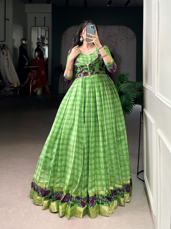 YNF 5034 Parrot Green Polyester Viscose Chanderi Zari Work & Lace Work Gown in . Affordable Price ₹1799. Delivery 4-6 Working Days. Shop now. | Gowns, Bollywood Gowns, Creative Gowns, Designer Gowns, Embroidered Gowns, Party Wear Gowns