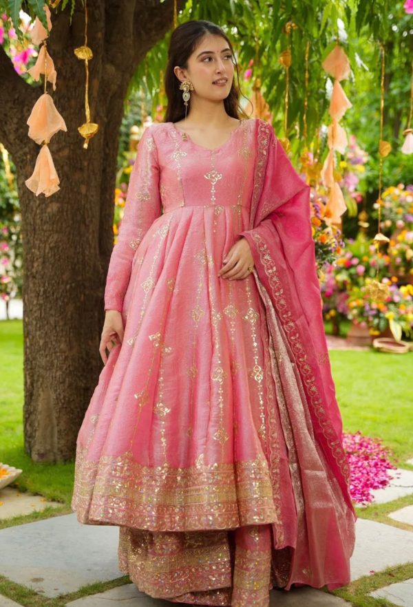 SSR 526 Peach Crunchy Silk With Heavy Embroidery Sequence Work With Fully Flair Salwar Suit Wedding, Party, Festive, Events, Now at just ₹2399. Delivery 4 | Jump Suits, Tops & Bottoms, Track Suits, Salwar suit, Casual Suits, Creative suits, Designer Suits, Palazzo Suits, Party Wear Suits, Patiala Suits, Straight Suits, Trendy Wear
