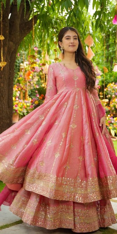 SSR 526 Peach Crunchy Silk With Heavy Embroidery Sequence Work With Fully Flair Salwar Suit Wedding, Party, Festive, Events, Now at just ₹2399. Delivery 4 | Jump Suits, Tops & Bottoms, Track Suits, Salwar suit, Casual Suits, Creative suits, Designer Suits, Palazzo Suits, Party Wear Suits, Patiala Suits, Straight Suits, Trendy Wear
