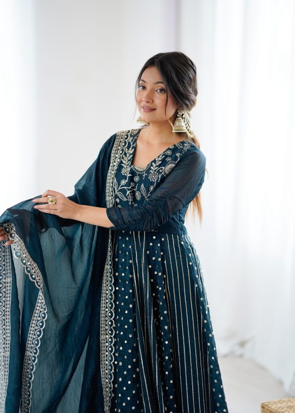 SRK 5293 Peacock Blue With Crunchy Silk With Fully Flair with Lace Work & Embroidery Work Anarkali Gown . Introductory Price ₹2149. Delivery 4-6 Worki | Gowns, Bollywood Gowns, Creative Gowns, Designer Gowns, Embroidered Gowns, Party Wear Gowns