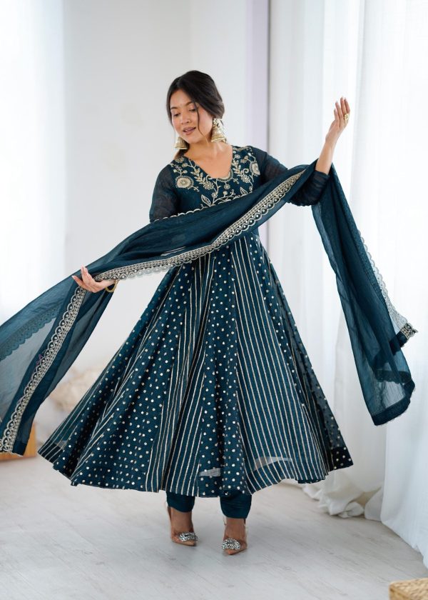 SRK 5293 Peacock Blue With Crunchy Silk With Fully Flair with Lace Work & Embroidery Work Anarkali Gown . Introductory Price ₹2149. Delivery 4-6 Worki | Gowns, Bollywood Gowns, Creative Gowns, Designer Gowns, Embroidered Gowns, Party Wear Gowns