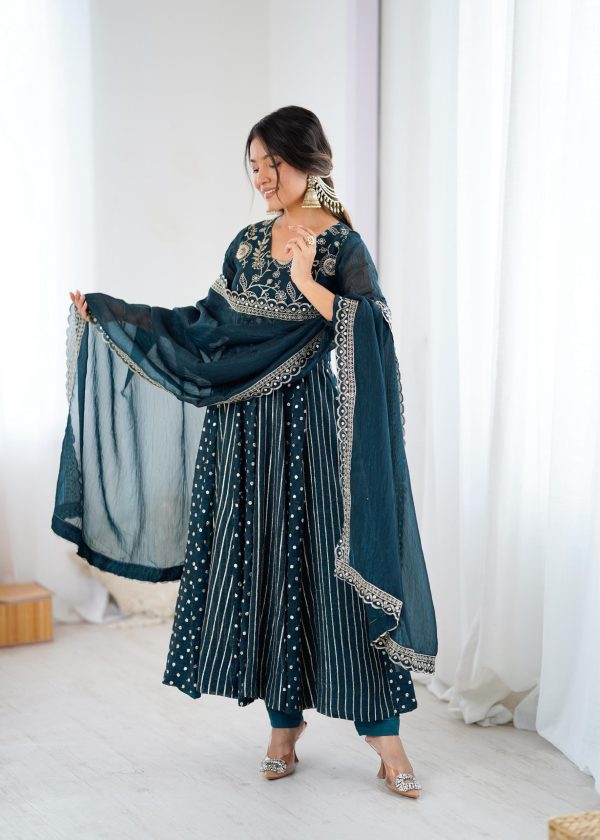 SRK 5293 Peacock Blue With Crunchy Silk With Fully Flair with Lace Work & Embroidery Work Anarkali Gown . Introductory Price ₹2149. Delivery 4-6 Worki | Gowns, Bollywood Gowns, Creative Gowns, Designer Gowns, Embroidered Gowns, Party Wear Gowns