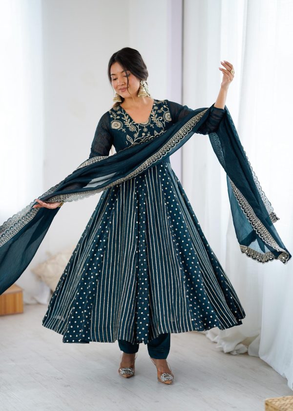 SRK 5293 Peacock Blue With Crunchy Silk With Fully Flair with Lace Work & Embroidery Work Anarkali Gown . Introductory Price ₹2149. Delivery 4-6 Worki | Gowns, Bollywood Gowns, Creative Gowns, Designer Gowns, Embroidered Gowns, Party Wear Gowns