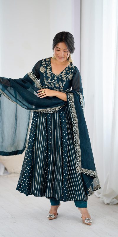 SRK 5293 Peacock Blue With Crunchy Silk With Fully Flair with Lace Work & Embroidery Work Anarkali Gown . Introductory Price ₹2149. Delivery 4-6 Worki | Gowns, Bollywood Gowns, Creative Gowns, Designer Gowns, Embroidered Gowns, Party Wear Gowns