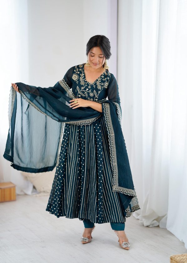 SRK 5293 Peacock Blue With Crunchy Silk With Fully Flair with Lace Work & Embroidery Work Anarkali Gown . Introductory Price ₹2149. Delivery 4-6 Worki | Gowns, Bollywood Gowns, Creative Gowns, Designer Gowns, Embroidered Gowns, Party Wear Gowns