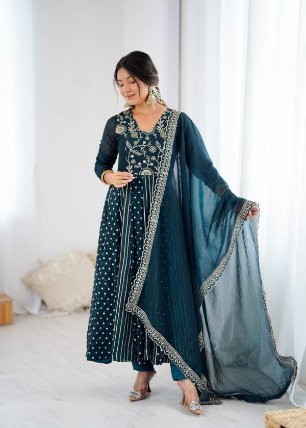 SRK 5293 Peacock Blue With Crunchy Silk With Fully Flair with Lace Work & Embroidery Work Anarkali Gown . Introductory Price ₹2149. Delivery 4-6 Worki | Gowns, Bollywood Gowns, Creative Gowns, Designer Gowns, Embroidered Gowns, Party Wear Gowns