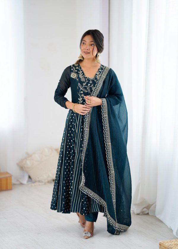 SRK 5293 Peacock Blue With Crunchy Silk With Fully Flair with Lace Work & Embroidery Work Anarkali Gown . Introductory Price ₹2149. Delivery 4-6 Worki | Gowns, Bollywood Gowns, Creative Gowns, Designer Gowns, Embroidered Gowns, Party Wear Gowns