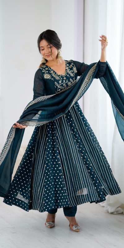 SRK 5293 Peacock Blue With Crunchy Silk With Fully Flair with Lace Work & Embroidery Work Anarkali Gown . Introductory Price ₹2149. Delivery 4-6 Worki | Gowns, Bollywood Gowns, Creative Gowns, Designer Gowns, Embroidered Gowns, Party Wear Gowns