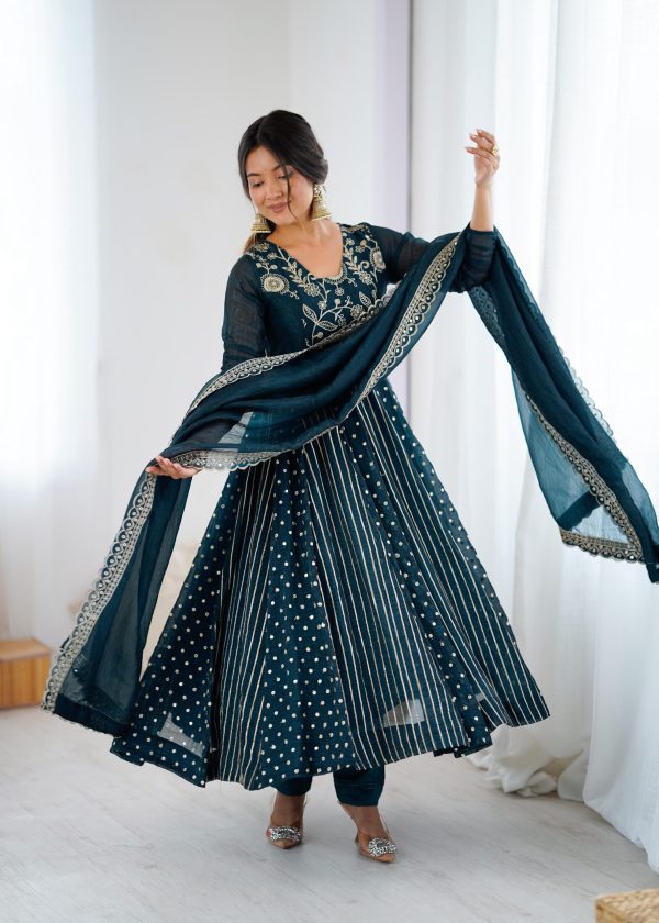 SRK 5293 Peacock Blue With Crunchy Silk With Fully Flair with Lace Work & Embroidery Work Anarkali Gown . Introductory Price ₹2149. Delivery 4-6 Worki | Gowns, Bollywood Gowns, Creative Gowns, Designer Gowns, Embroidered Gowns, Party Wear Gowns
