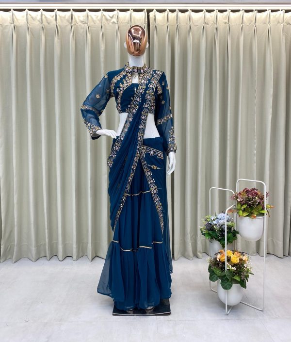 BE 280 Peacock Blue Georgette Lehenga Saree Perfect for Wedding, Party, Cultural Events,, Ganesh Chaturthi . Affordable Price ₹2399. Delivery 4-Days | Lehenga, Bollywood Lehenga, Creative Lehenga, Designer Lehenga, Embroidered Lehenga, Party Wear Lehenga