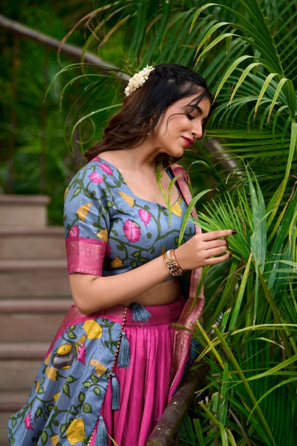 LNB 1222 Pink Dola Silk With Kalamkari Print & Zari Work Lehenga Choli . Grab it for ₹1899. Delivery 4-6 Working Days. Shop now. | Lehenga, Bollywood Lehenga, Creative Lehenga, Designer Lehenga, Embroidered Lehenga, Party Wear Lehenga