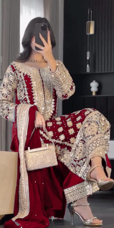 SR 1654 Maroon in Faux Georgette With Heavy Embroidery Sequence Work Wedding, Party, Festive, Events Special 4-6 Working Days At 2599/- Only | Jump Suits, Salwar suit, Casual Suits, Creative suits, Designer Suits, Palazzo Suits, Party Wear Suits, Patiala Suits, Straight Suits
