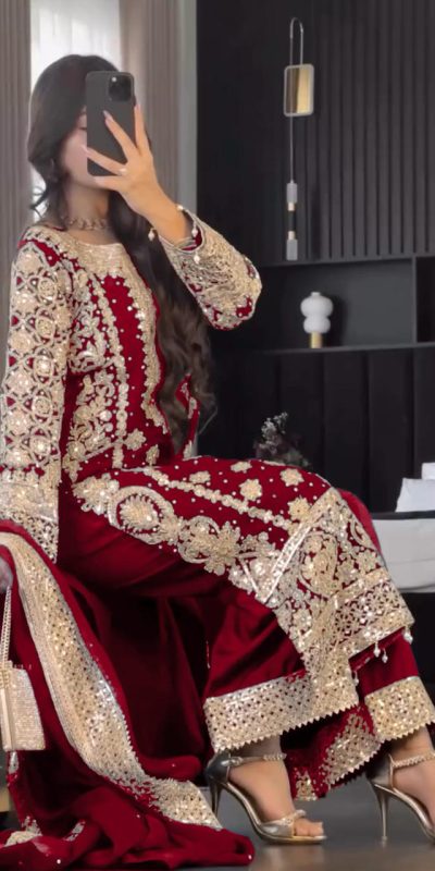 SR 1654 Maroon in Faux Georgette With Heavy Embroidery Sequence Work Wedding, Party, Festive, Events Special 4-6 Working Days At 2599/- Only | Jump Suits, Salwar suit, Casual Suits, Creative suits, Designer Suits, Palazzo Suits, Party Wear Suits, Patiala Suits, Straight Suits