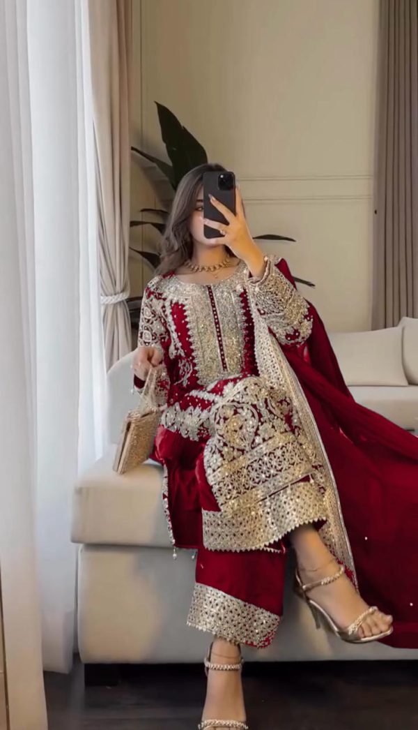 SR 1654 Maroon in Faux Georgette With Heavy Embroidery Sequence Work Wedding, Party, Festive, Events Special 4-6 Working Days At 2599/- Only | Jump Suits, Salwar suit, Casual Suits, Creative suits, Designer Suits, Palazzo Suits, Party Wear Suits, Patiala Suits, Straight Suits