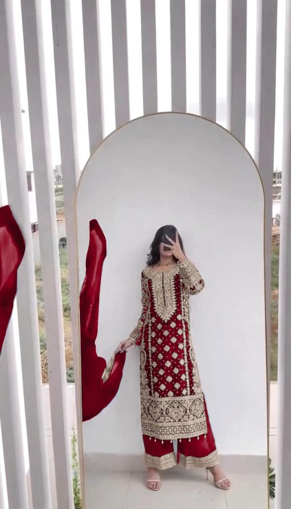 SR 1654 Maroon in Faux Georgette With Heavy Embroidery Sequence Work Wedding, Party, Festive, Events Special 4-6 Working Days At 2599/- Only | Jump Suits, Salwar suit, Casual Suits, Creative suits, Designer Suits, Palazzo Suits, Party Wear Suits, Patiala Suits, Straight Suits