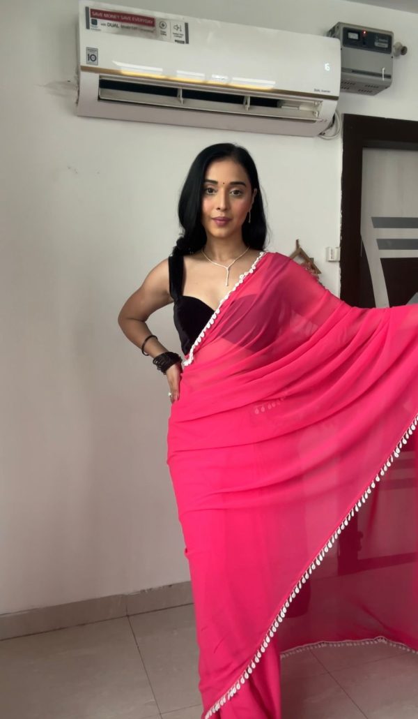 SC 239 Pink Georgette With Lace Work & Lace Border Saree . Wedding, Party, Festive, Events, Exclusive Offer ₹1599. Delivery 4-6 Working Days. Shop now. | Sarees, Bollywood Sarees, Creative Sarees, Designer Sarees, Embroidered Sarees, Ethnic Saree, Modern Digital sarees, Party Wear Sarees