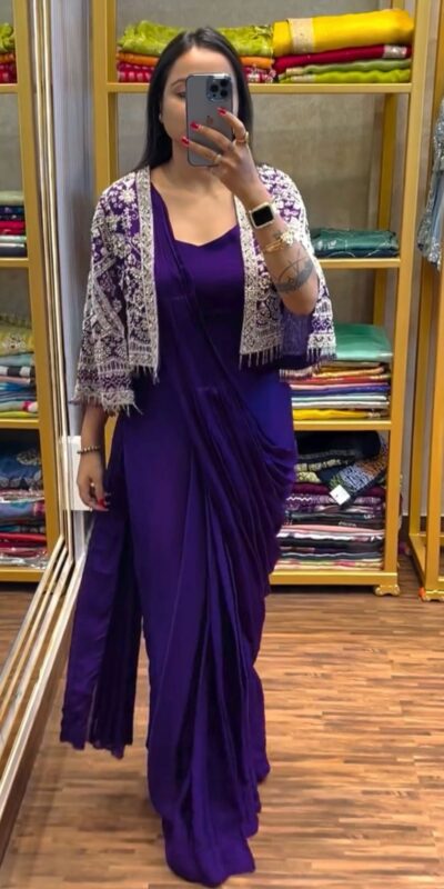 ST 1086 Purple Color Chinnon With Fully Embroidery Koti Ready To Wear Saree Wedding Party, Festive, Events Etc.4-6 Working Days@2049/- only | Gowns, Bollywood Gowns, Creative Gowns, Designer Gowns, Embroidered Gowns, Party Wear Gowns, Straight Suits