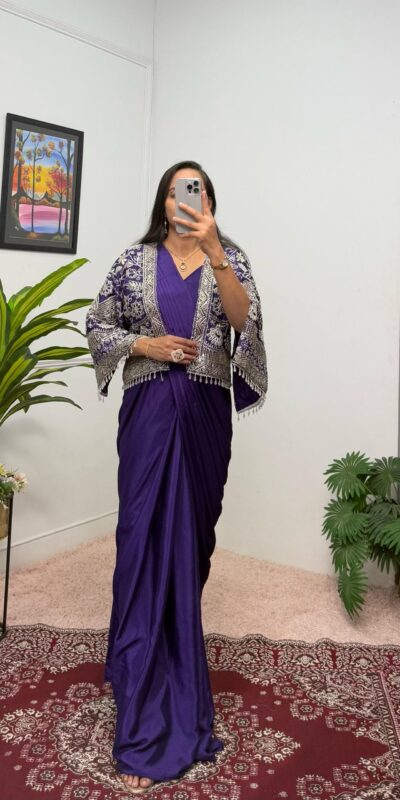 ST 1086 Purple Color Chinnon With Fully Embroidery Koti Ready To Wear Saree Wedding Party, Festive, Events Etc.4-6 Working Days@2049/- only | Gowns, Bollywood Gowns, Creative Gowns, Designer Gowns, Embroidered Gowns, Party Wear Gowns, Straight Suits