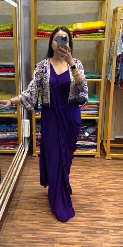 ST 1086 Purple Color Chinnon With Fully Embroidery Koti Ready To Wear Saree Wedding Party, Festive, Events Etc.4-6 Working Days@2049/- only | Gowns, Bollywood Gowns, Creative Gowns, Designer Gowns, Embroidered Gowns, Party Wear Gowns, Straight Suits