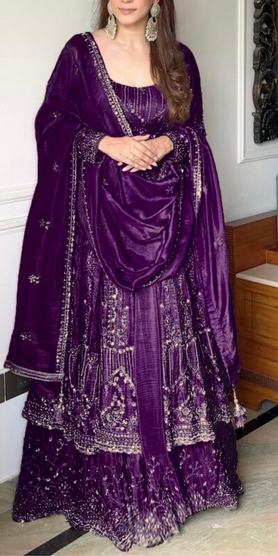 Purple Crunchy Silk Lace Embroidery Work Gown