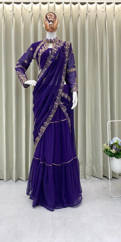 BE 280 Purple Georgette Lehenga Saree Perfect for Wedding, Party, Cultural Events, Housewarming, Ganesh Chaturthi . Affordable Price ₹2399. Delivery 4- | Lehenga, Bollywood Lehenga, Creative Lehenga, Designer Lehenga, Embroidered Lehenga, Party Wear Lehenga