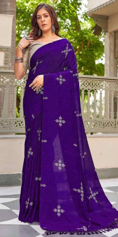Purple Natural Silk With Thread Embroidery Saree
