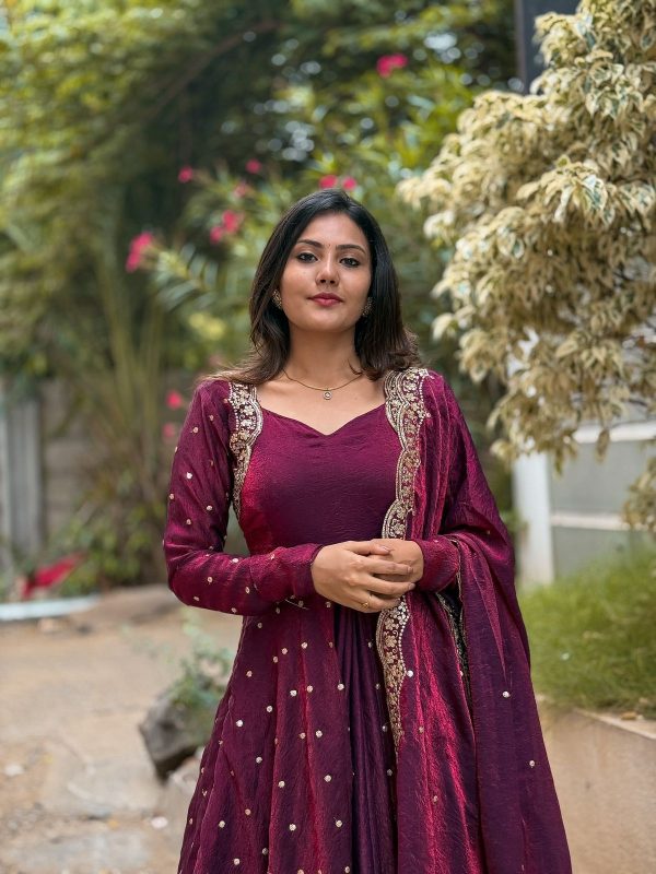 SSR 516 Rani Pink Fandy Silk With Embroidery sequence Work Gown Perfect for Wedding, Party, Onam, Makar Sankranti, Traditional Day Special Price ₹ 2149 | Gowns, Bollywood Gowns, Creative Gowns, Designer Gowns, Embroidered Gowns, Party Wear Gowns