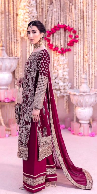 SRK 5297 Rani Pink Heavy Faux Georgette With Chain Stitch Embroidery Sequence Work Salwar Suit Wedding, Party, Festive, Events, 4-6 Working Days At 2399 | Jump Suits, Salwar suit, Casual Suits, Creative suits, Designer Suits, Palazzo Suits, Party Wear Suits, Patiala Suits, Straight Suits