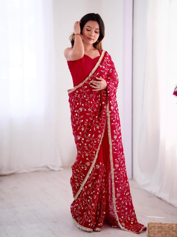 SRK 5296 Red Crunchy Silk Lace Work & Embroidery Work Saree in . Special Price ₹1799. Delivery 4-6 Working Days. Shop now. | Sarees, Bollywood Sarees, Creative Sarees, Designer Sarees, Embroidered Sarees, Ethnic Saree, Modern Digital sarees, Party Wear Sarees