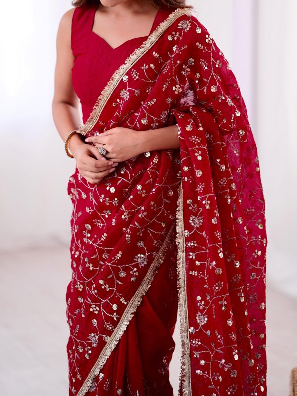 SRK 5296 Red Crunchy Silk Lace Work & Embroidery Work Saree in . Special Price ₹1799. Delivery 4-6 Working Days. Shop now. | Sarees, Bollywood Sarees, Creative Sarees, Designer Sarees, Embroidered Sarees, Ethnic Saree, Modern Digital sarees, Party Wear Sarees