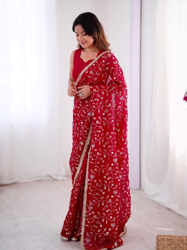 SRK 5296 Red Crunchy Silk Lace Work & Embroidery Work Saree in . Special Price ₹1799. Delivery 4-6 Working Days. Shop now. | Sarees, Bollywood Sarees, Creative Sarees, Designer Sarees, Embroidered Sarees, Ethnic Saree, Modern Digital sarees, Party Wear Sarees