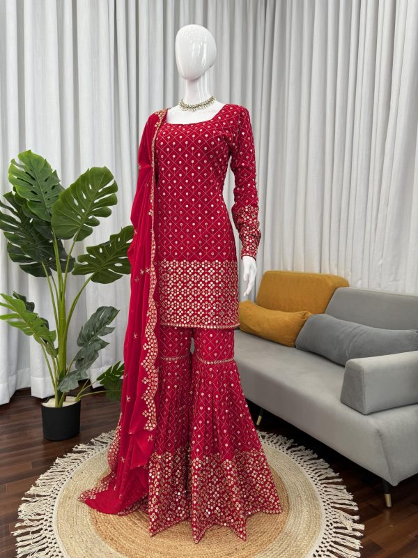 RTC 5921 Red Faux Georgette Salwarv suit with Lace Work. Wedding, Party, Festive, Events Grab it for ₹2549. Delivery 4-6 Working Days. Shop now. | Jump Suits, Tops & Bottoms, Track Suits, Salwar suit, Casual Suits, Creative suits, Designer Suits, Palazzo Suits, Party Wear Suits, Patiala Suits, Straight Suits, Trendy Wear