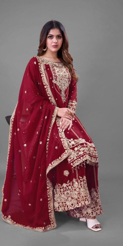 SR 1688 Red Heavy Faux Georgette With Heavy Embroidery Wedding, Party, Festive, Events, Navratri Garba, Reception, Haldi, 4-6 Working Days At 1949 Only | Jump Suits, Salwar suit, Casual Suits, Creative suits, Designer Suits, Palazzo Suits, Party Wear Suits, Patiala Suits, Straight Suits