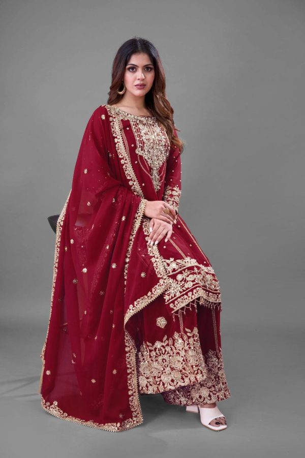 SR 1688 Red Heavy Faux Georgette With Heavy Embroidery Wedding, Party, Festive, Events, Navratri Garba, Reception, Haldi, 4-6 Working Days At 1949 Only | Jump Suits, Salwar suit, Casual Suits, Creative suits, Designer Suits, Palazzo Suits, Party Wear Suits, Patiala Suits, Straight Suits