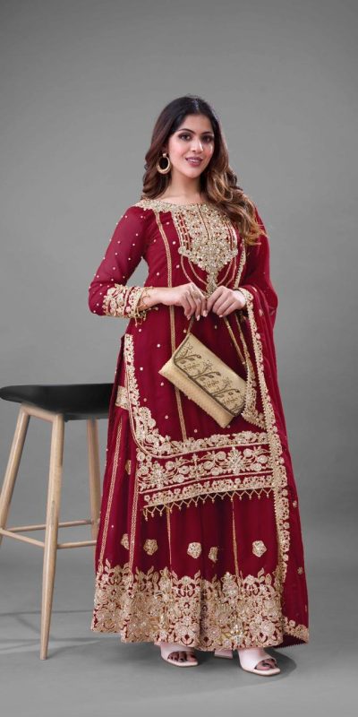 SR 1688 Red Heavy Faux Georgette With Heavy Embroidery Wedding, Party, Festive, Events, Navratri Garba, Reception, Haldi, 4-6 Working Days At 1949 Only | Jump Suits, Salwar suit, Casual Suits, Creative suits, Designer Suits, Palazzo Suits, Party Wear Suits, Patiala Suits, Straight Suits