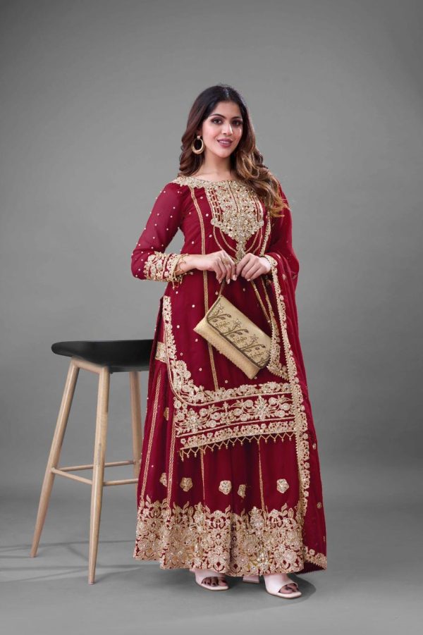 SR 1688 Red Heavy Faux Georgette With Heavy Embroidery Wedding, Party, Festive, Events, Navratri Garba, Reception, Haldi, 4-6 Working Days At 1949 Only | Jump Suits, Salwar suit, Casual Suits, Creative suits, Designer Suits, Palazzo Suits, Party Wear Suits, Patiala Suits, Straight Suits