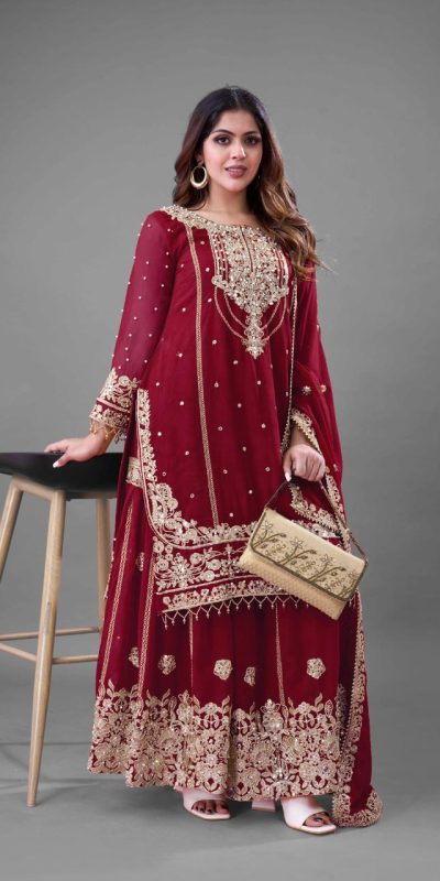 SR 1688 Red Heavy Faux Georgette With Heavy Embroidery Wedding, Party, Festive, Events, Navratri Garba, Reception, Haldi, 4-6 Working Days At 1949 Only | Jump Suits, Salwar suit, Casual Suits, Creative suits, Designer Suits, Palazzo Suits, Party Wear Suits, Patiala Suits, Straight Suits